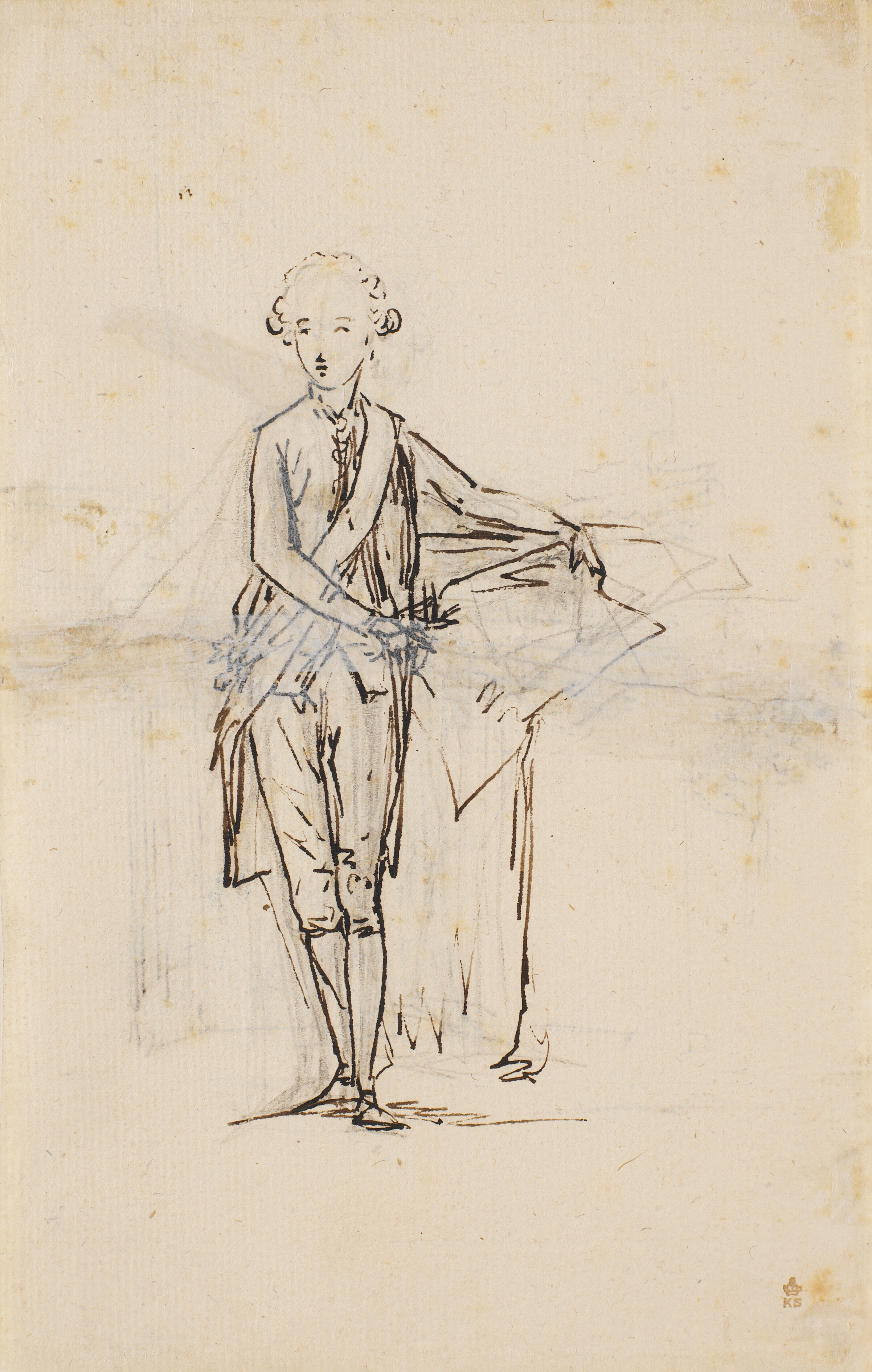 Kronprinsen stående med tætstillede ben, en face ved et bord, hvorpå der ligger et kort